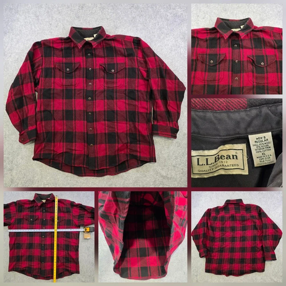 L.L. Bean Shirt Mens XL Red Plaid Long Sleeve Flannel Button Up Wool USA Buffalo